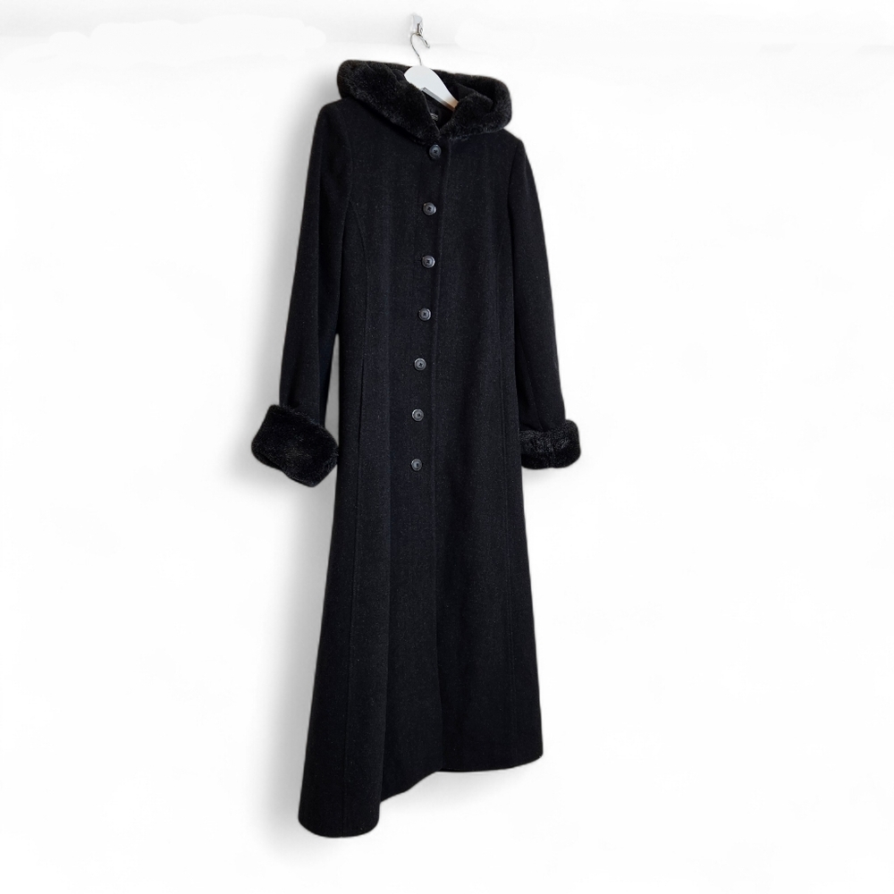 Vintage Donnybrook Wool Maxi Coat Size 6 Faux Fur Hood Cuffs 90s Dark Academia